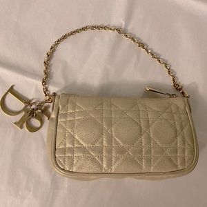 Authentic Christian Dior cannage pouch in champagne gold with gold chain
